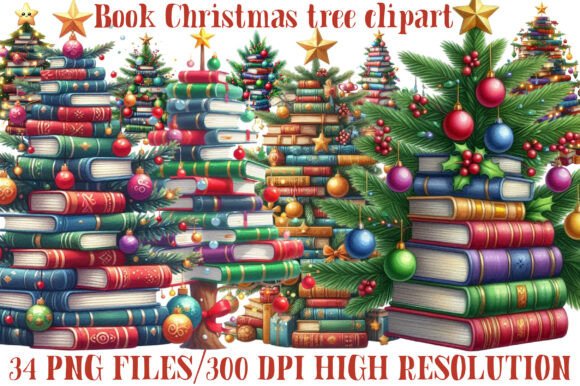 Book Christmas Tree Clipart Set: Illustrations for Local Business Branding