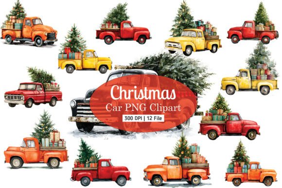 Christmas Car with Tree Clipart Bundle: Illustrations