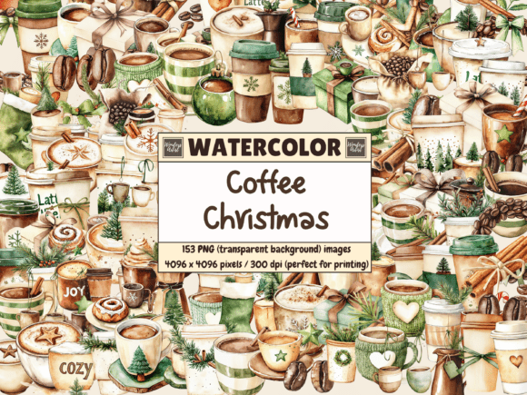 Coffee Christmas Watercolor Clipart for Bloggers