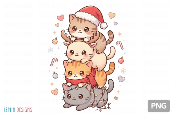Kawaii Christmas Cute Cat Stack PNG Art for Illustrations