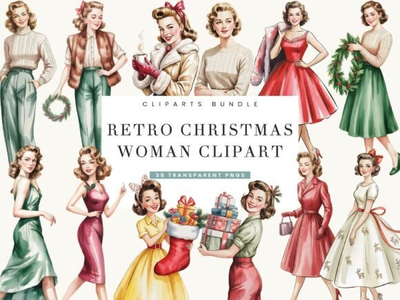 Retro Christmas Woman Clipart Bundle for Illustrations