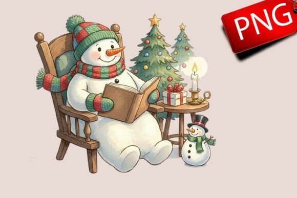Snowman Reading Book Christmas PNG: Cozy Illustrations for Handmade Creators