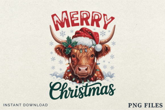 Vintage Christmas Highland Cow PNG Subli in Illustrations