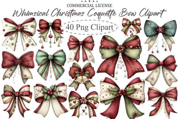 Whimsical Christmas Coquette Bow Clipart for Illustrations