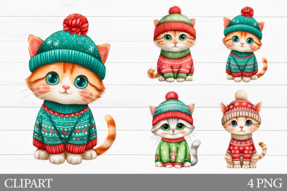 Winter Cat Clipart. Christmas Cat PNG for Brand Illustrations